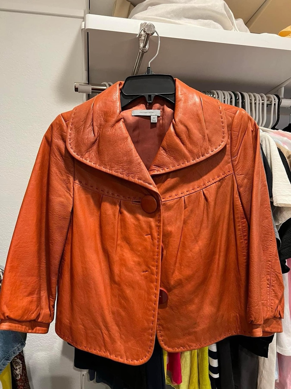 Women's Cropped Orange Leather Jacket with Wide Collar